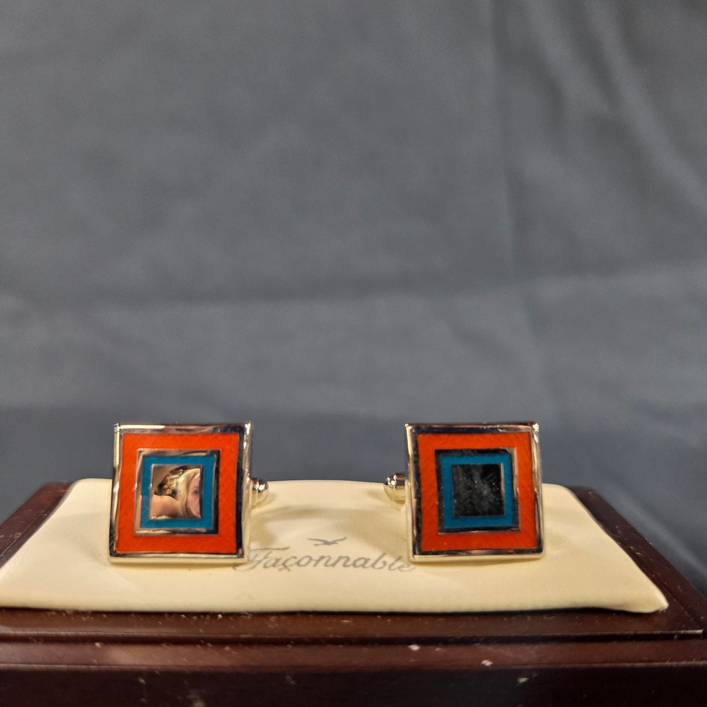 Façonnable Bullet Back Cufflinks Mens Silver Orange Blue Square Enamel Geometric